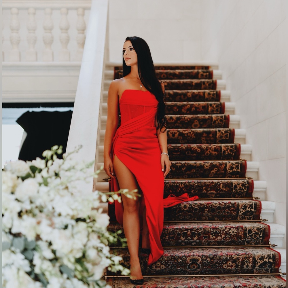 Red Strapless Asymmetrical Gown for Prom